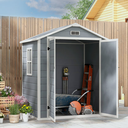 6'x4.5' Grey Garden Storage Shed, Lockable Shed with Double Doors, Window, Vent, and Plastic Roof
