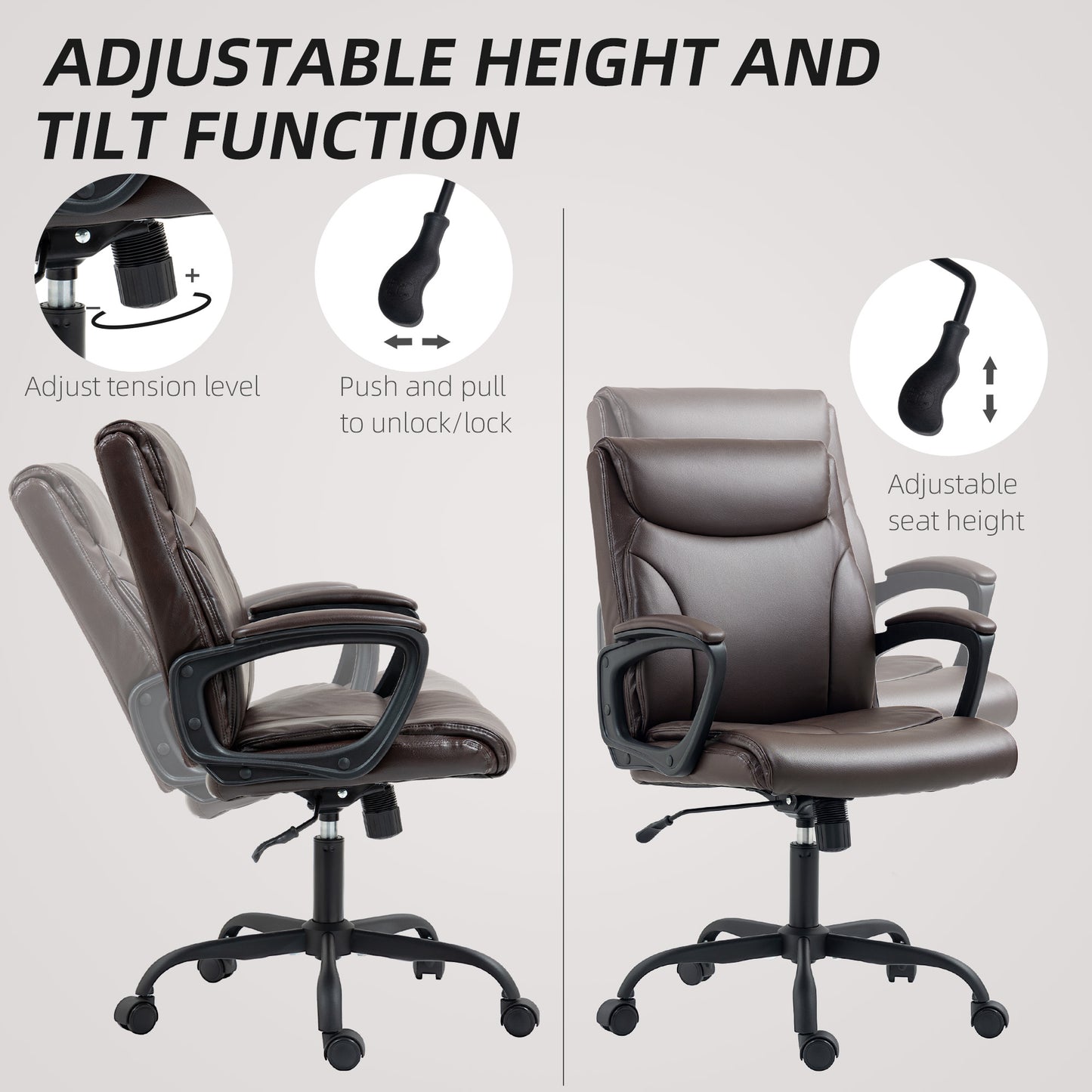 HOMCOM Executive Office Chair, Faux Leather Desk Chair with Height Adjustable, Swivel Wheels and Tilt Function, Computer Chair for Home Office and Study Room, Brown