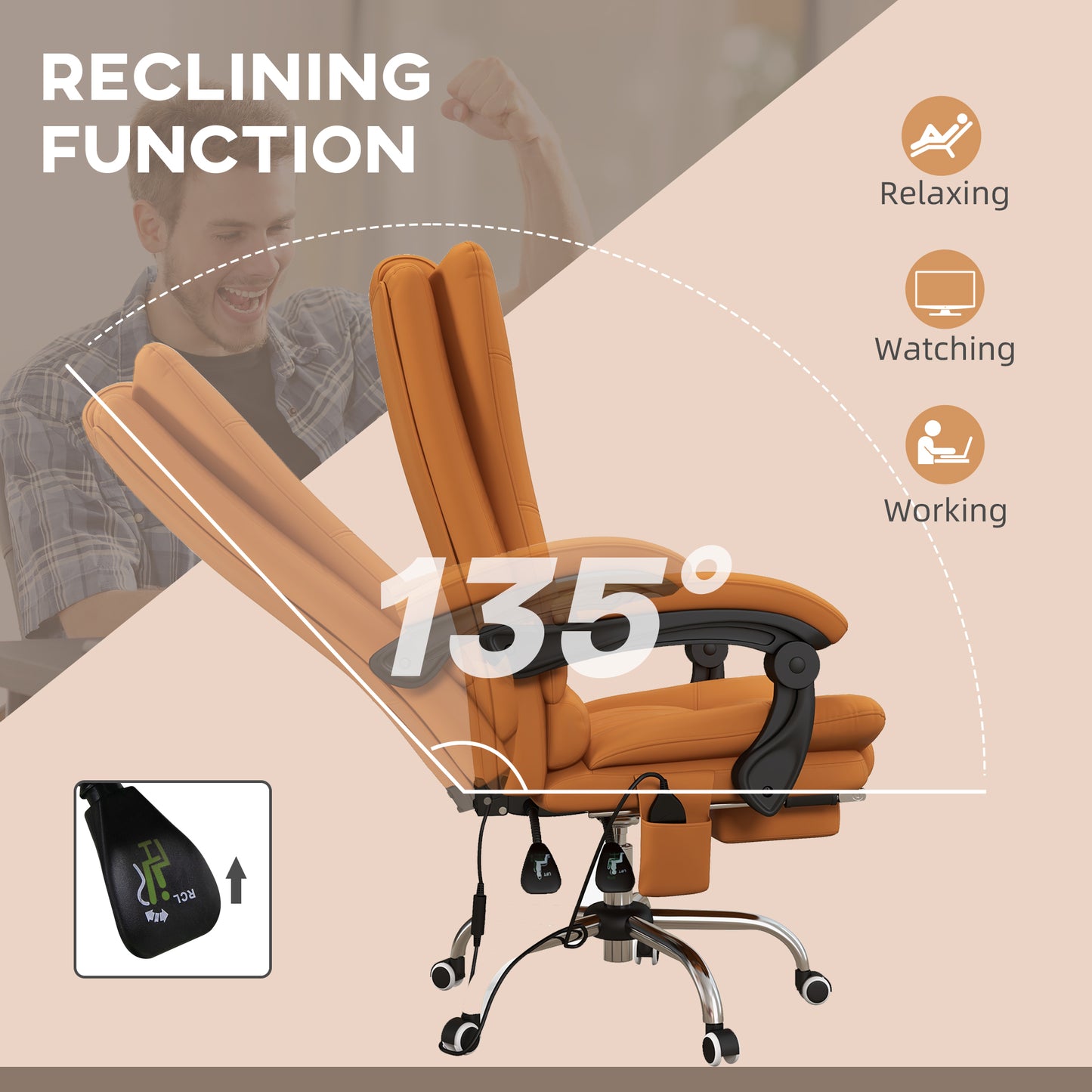 Vinsetto High Back Vibration Massage Office Chair, Heated Reclining PU Leather Computer Chair with 135° Reclining Back and Footrest, Light Brown