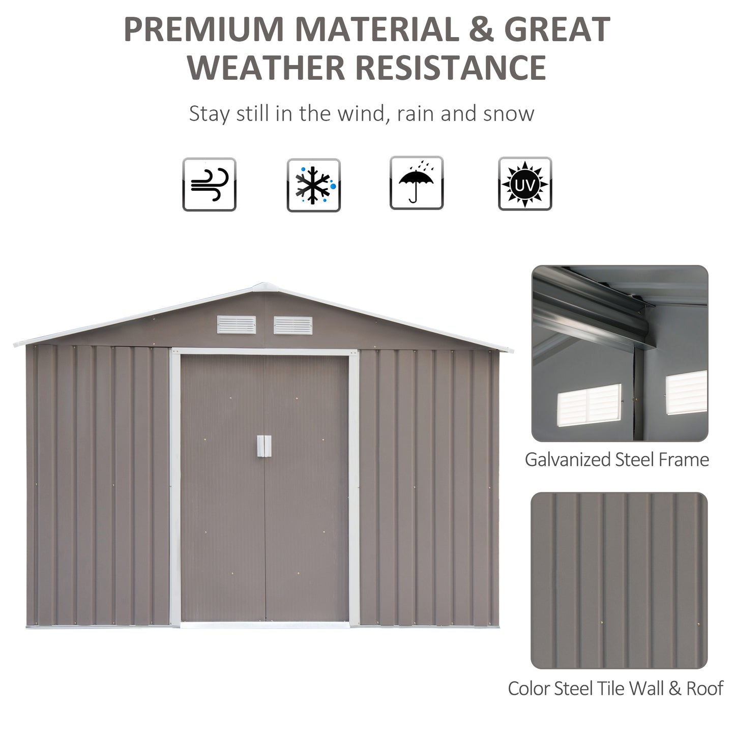 Outsunny 9 x 6FT Outdoor Garden Roofed Metal Storage Shed Tool Box with Foundation Ventilation & Doors Light, Grey