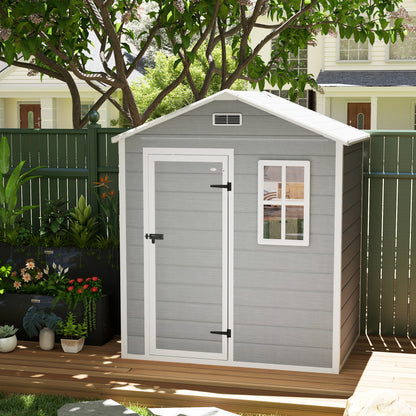 6 x 4ft Grey Plastic Garden Shed, with Floor, Window, Lockable Door, Vents, and Wood-Effect Resin for Outdoor Storage