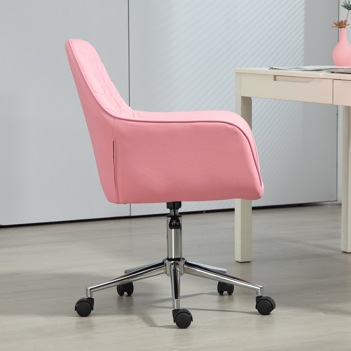 Vinsetto Office Desk Chair, Leather-Feel Fabric Computer Swivel Chair with Rolling Wheels and Adjustable Height for Home, Pink