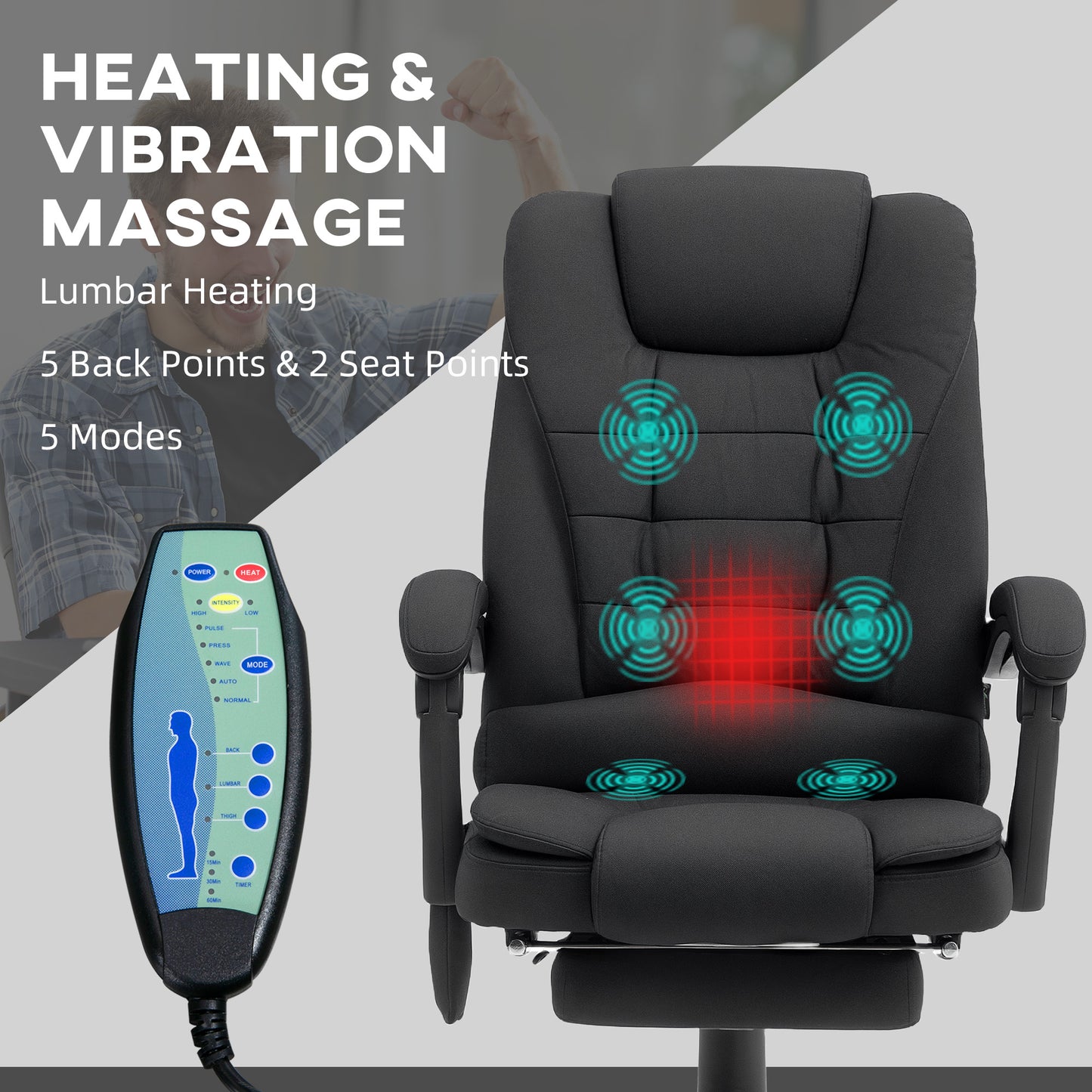 Vinsetto Heated 6 Points Vibration Massage Executive Office Chair Adjustable Swivel Ergonomic High Back Desk Chair Recliner with Footrest Full Black