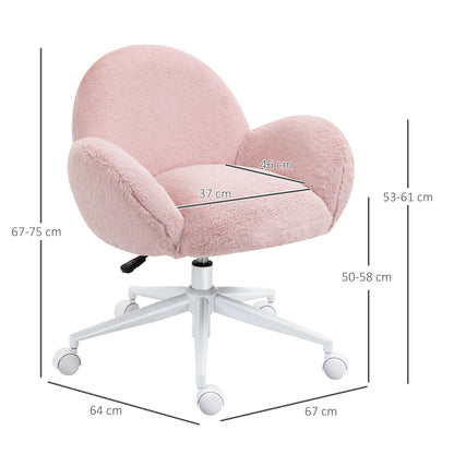 HOMCOM Makeup Vanity Chair, Cute Fluffy Desk Chair with Rolling Wheels for Bedroom Living Room, Pink