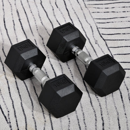 HOMCOM 2x10kg Hex Dumbbells Set Rubber Dumbbells Weight Lifting Equipment Fitness Home Gym