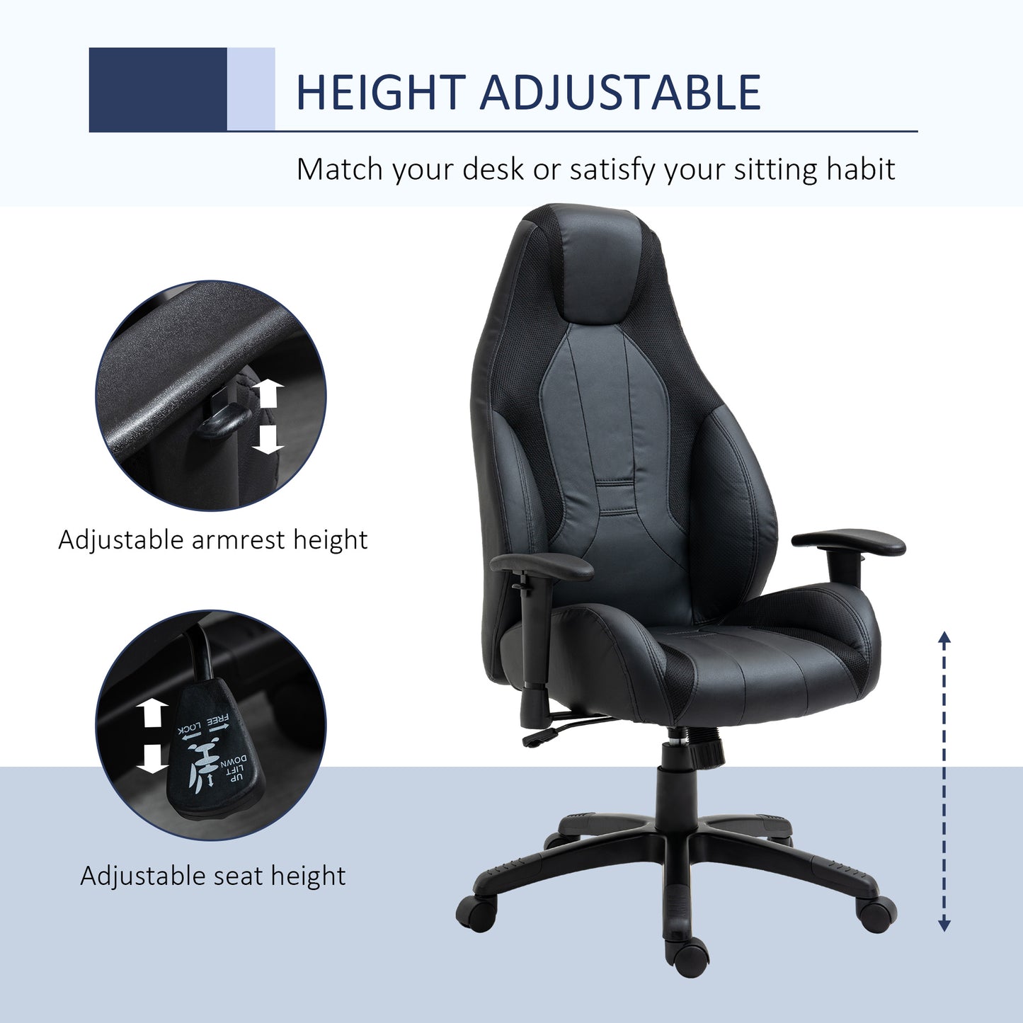 Vinsetto Racing Gaming Chair, Mesh & Faux Leather Computer Chair with High Back, Swivel Wheels, Adjustable Height and Armrest, Black