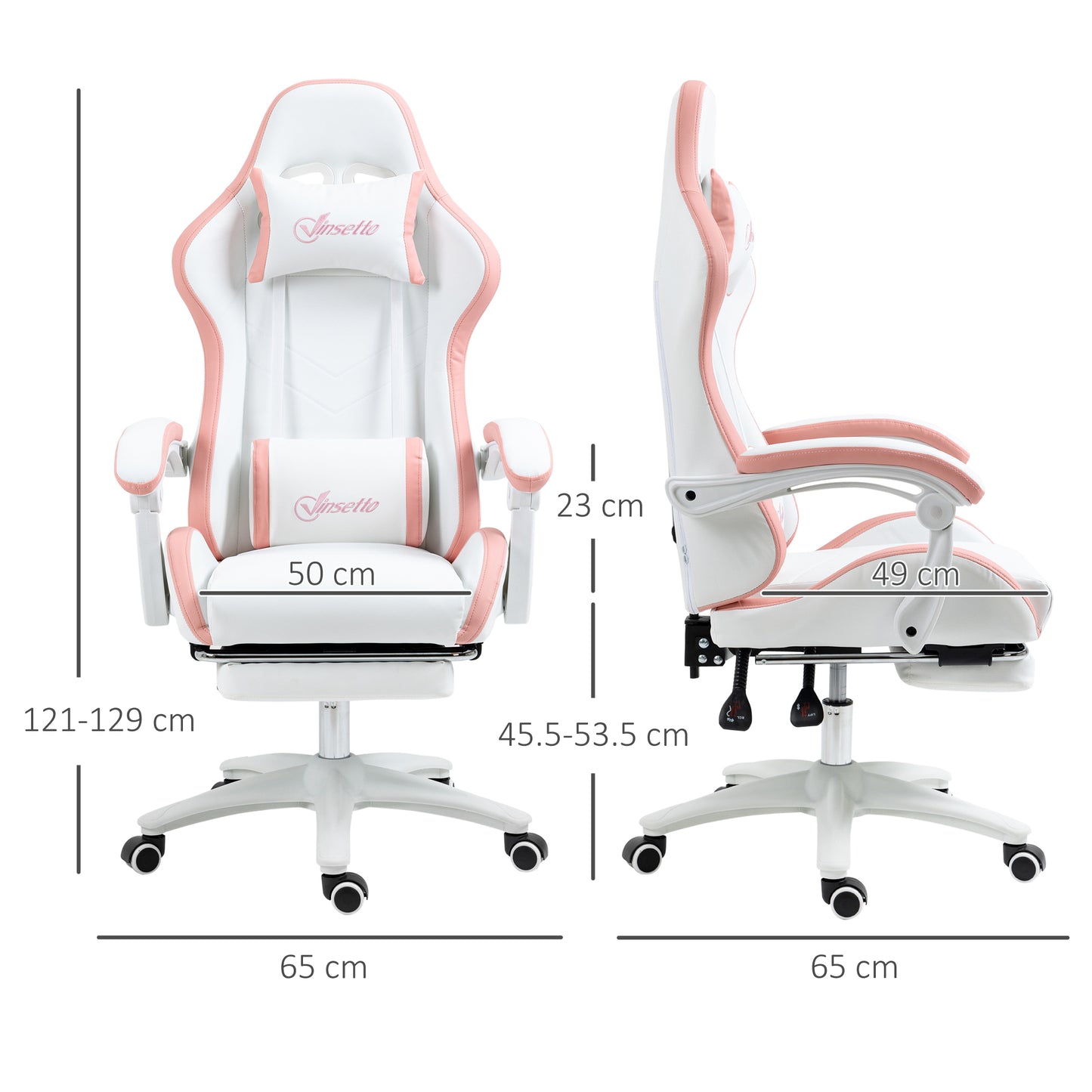 Vinsetto Computer Gaming Chair, PU Leather Desk Chair with Footrest, Swivel Task Chair with 135° Reclining Back and Lumbar Support, PC Chair for Adults, White and Pink