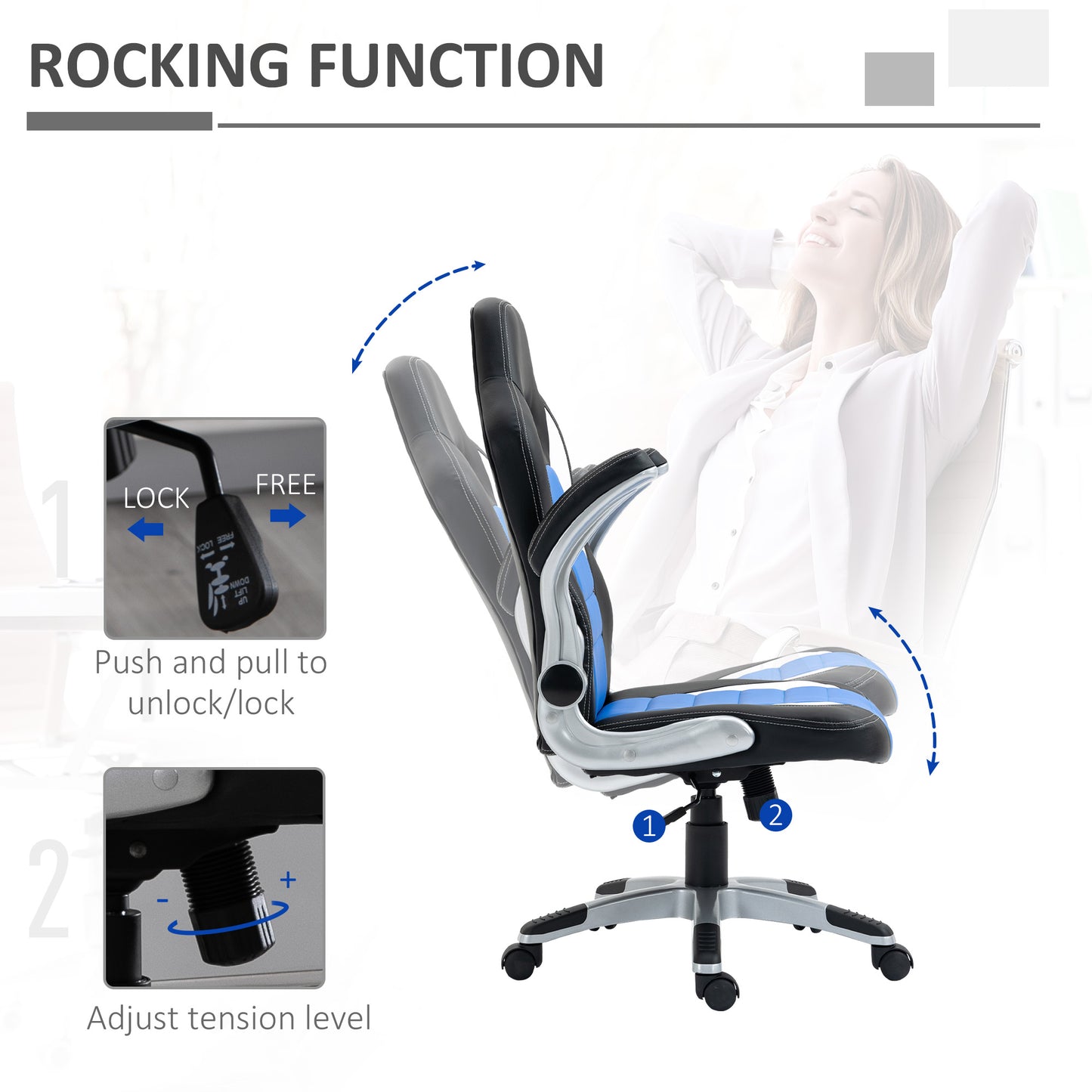 HOMCOM Computer Gaming Chair, Office Desk Swivel Chair, PU Leather Racing Chair with 90° Flip-up Armrest, Adjustable Height and Rolling Wheels, Blue