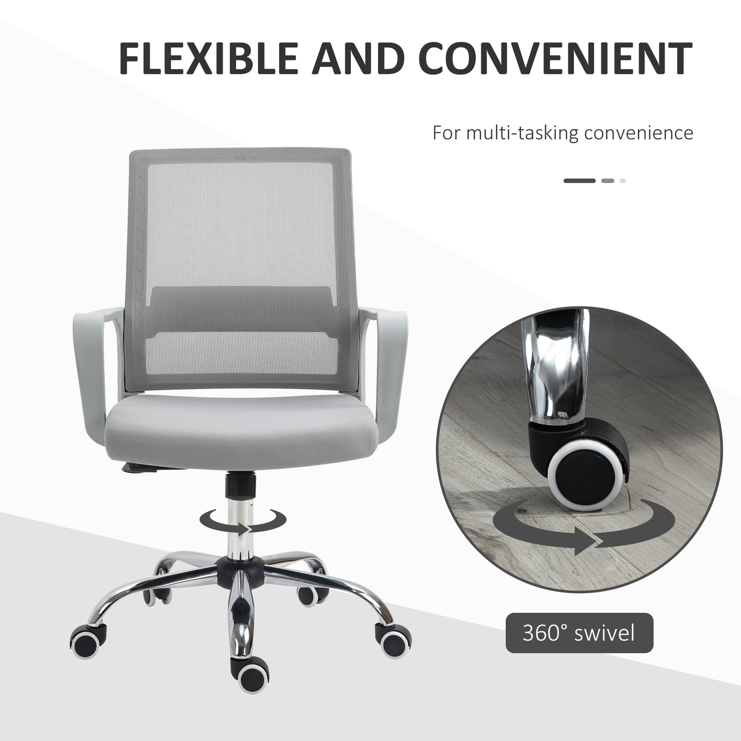 Vinsetto Ergonomic Desk Chair Mesh Office Chair with Adjustable Height Armrest and 360° Swivel Castor Wheels Grey