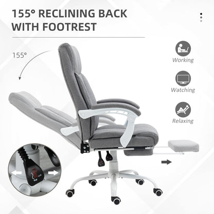 Vinsetto Office Chair, Ergonomic Desk Chair, Fabric Work Study Chair with 155° Reclining Back and Footrest, Adjustable Height and Swivel Wheels, Grey