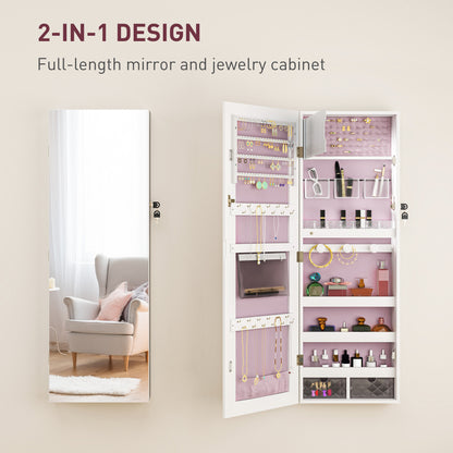 HOMCOM 108 x 37cm Lockable Jewellery Cabinet, with LED Lights - White Surface and Pink Lining