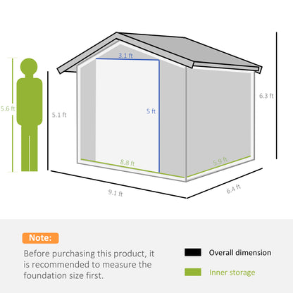 Outsunny 9 x 6ft Metal Garden Shed, Outdoor Storage Tool House with Ventilation Slots, Foundation Kit and Lockable Double Doors, Dark Grey