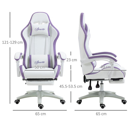 Vinsetto Computer Gaming Chair, PU Leather Desk Chair with Footrest, Swivel Task Chair with 135° Reclining Back and Lumbar Support, PC Chair for Adults, White and Purple