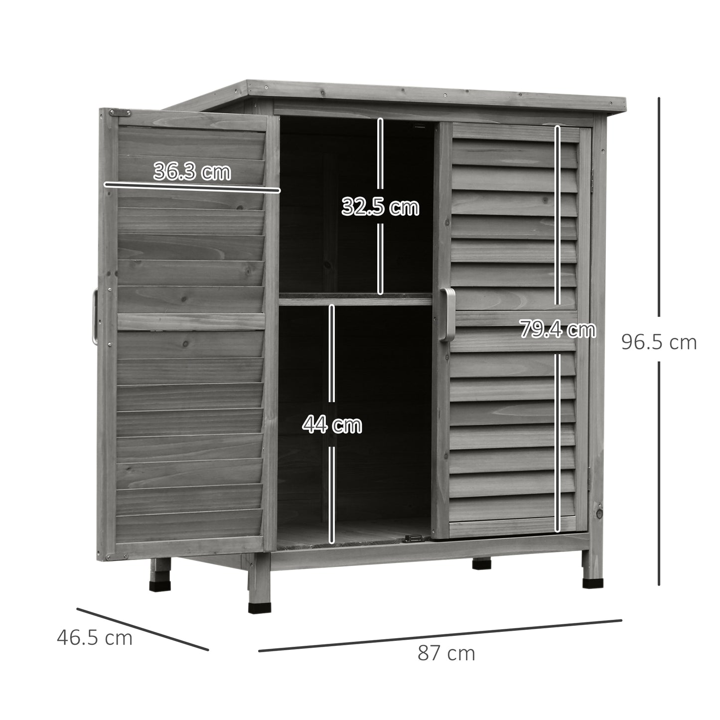 Outsunny Garden Shed Wooden Garden Storage Shed 2 Door Unit Solid Fir Wood Garage Tool Organisation Cabinet, 87L x 46.5W x 96.5Hcm, Grey