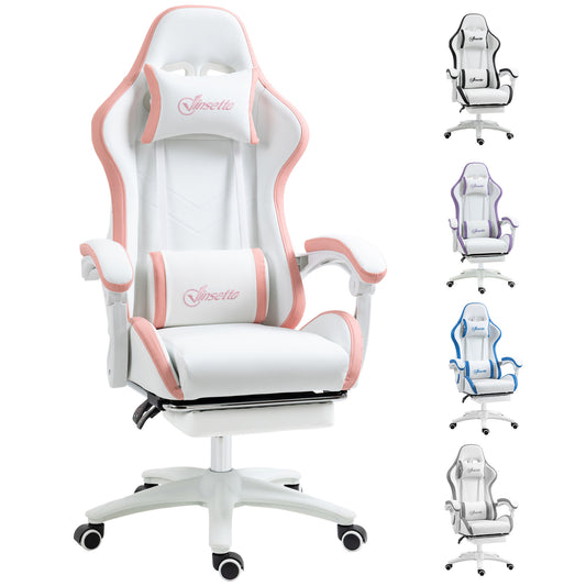 Vinsetto Computer Gaming Chair, PU Leather Desk Chair with Footrest, Swivel Task Chair with 135° Reclining Back and Lumbar Support, PC Chair for Adults, White and Pink