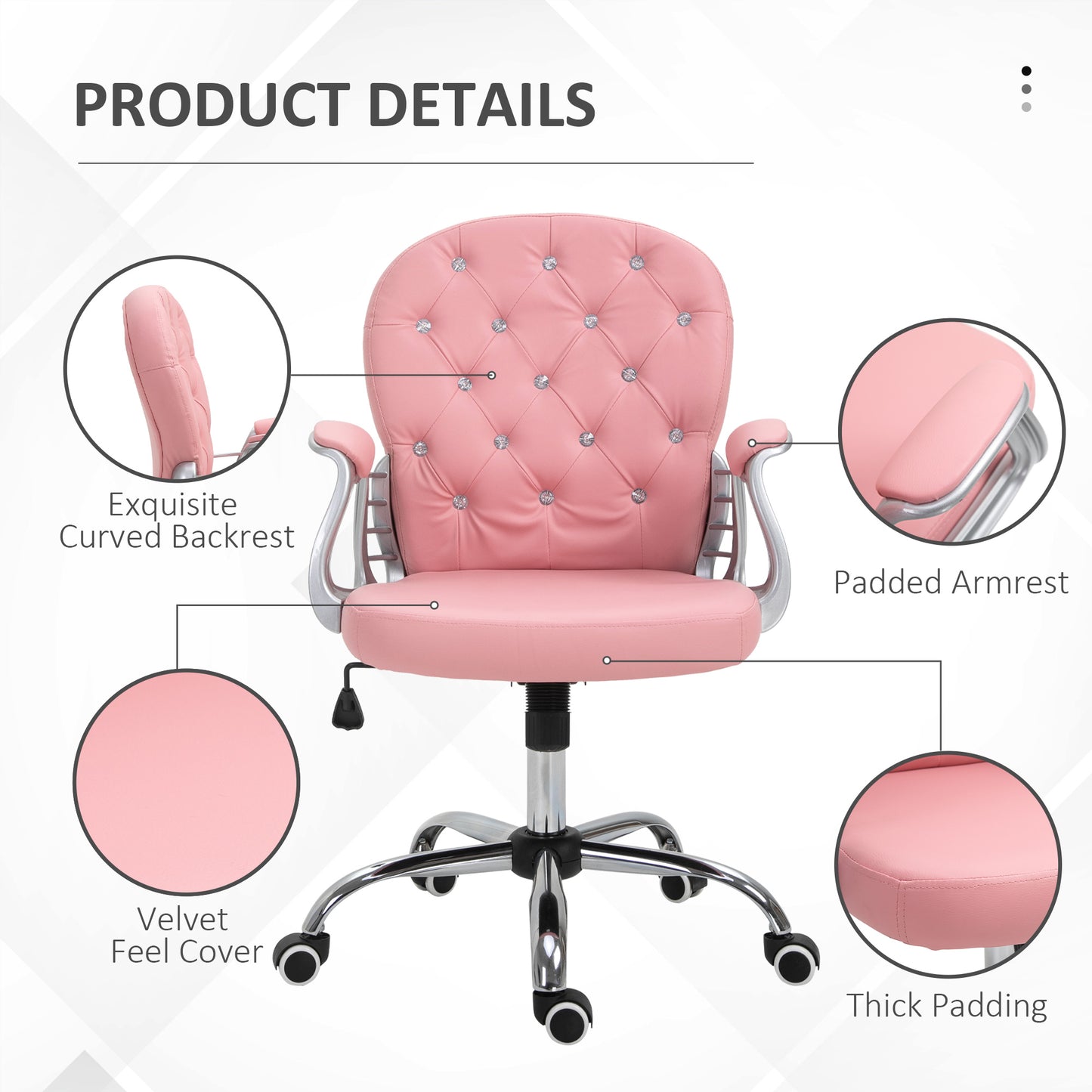 Vinsetto Office Chair Ergonomic 360° Swivel PU Diamante Padded Base 5 Castor Wheels for Home Work Pink