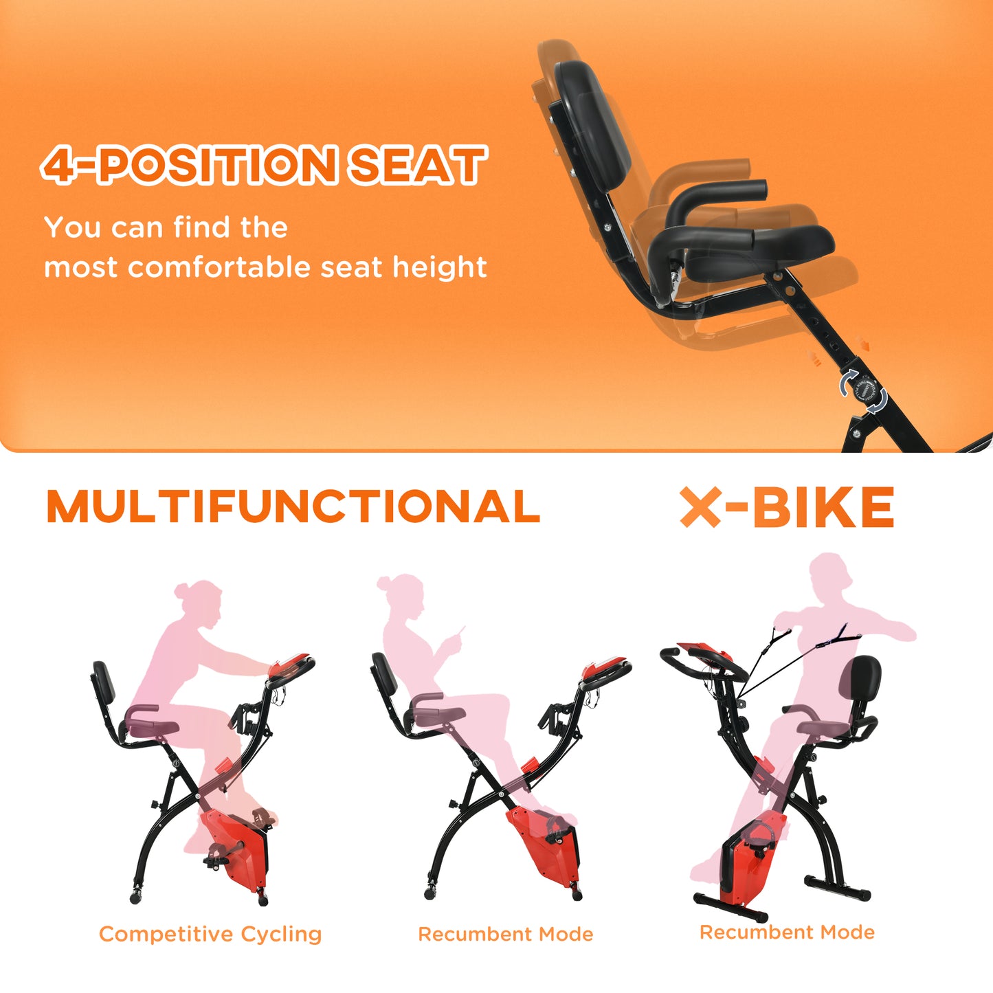 HOMCOM 2-in-1 Folding Exercise Bike with 8-Level Magnetic Resistance, Arm Resistance Band, Pulse Sensor, Red