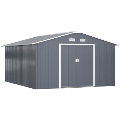 Outsunny 13 x 11ft Metal Garden Shed, Outdoor Storage Tool House with Ventilation Slots, Foundation Kit and Lockable Double Doors, Grey