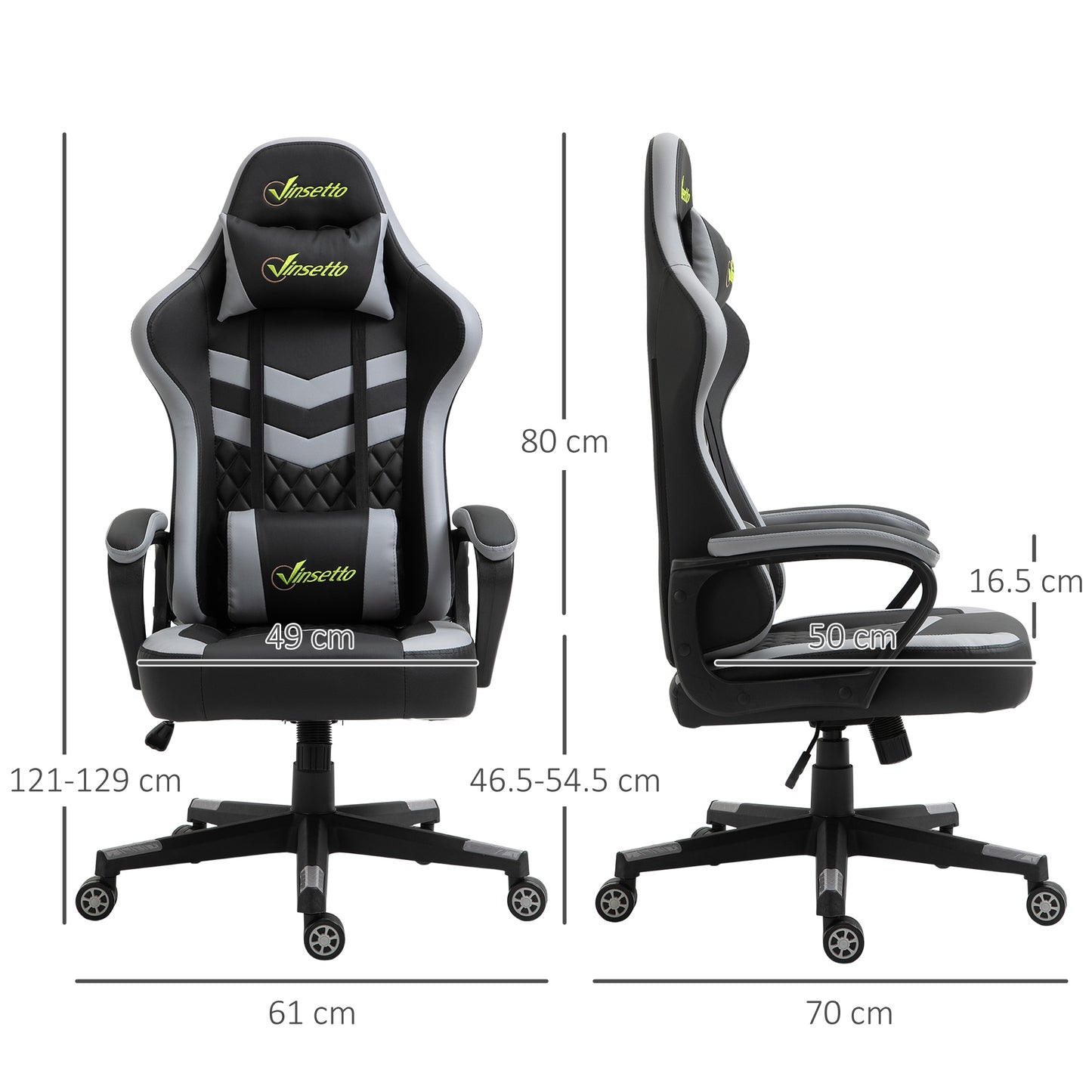 Vinsetto Gaming Chair, Computer Desk Chair with Lumbar Support, Faux Leather Racing Chair with Headrest and Swivel Wheels for Home Office, Black Grey