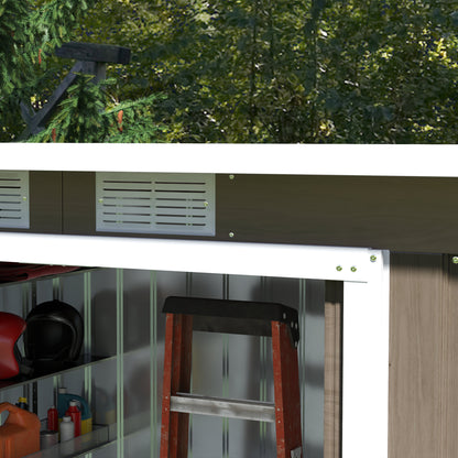 9ft x 4ft Light Grey Wood Grain Metal Garden Shed, Outdoor Tool Storage with Foundation Kit, Ventilation, and Double Doors