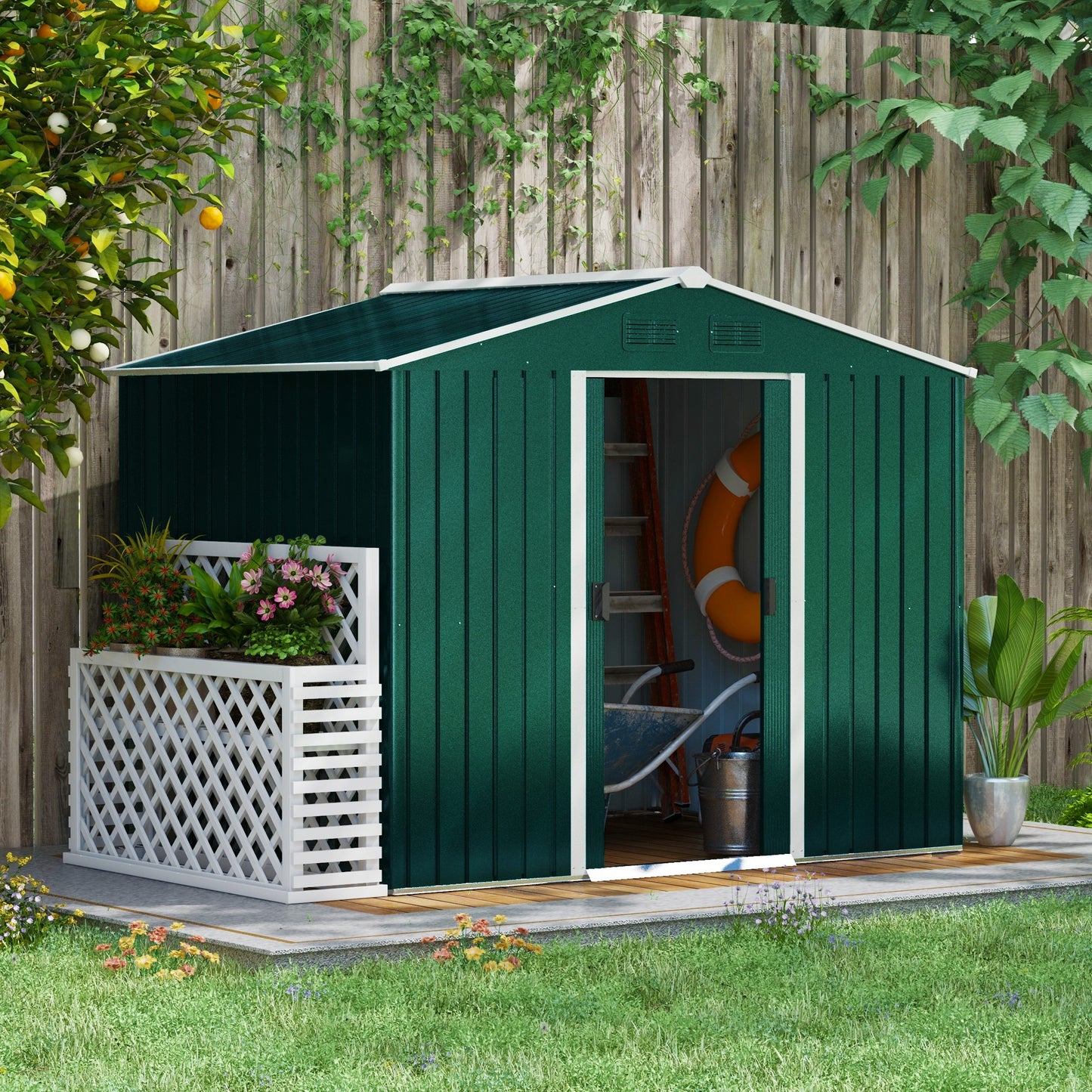 Outsunny 7.7 x 5.7ft Metal Garden Shed with Ventilation Slots and Sliding Doors, Galvanised Outdoor Tool Storage House, Green