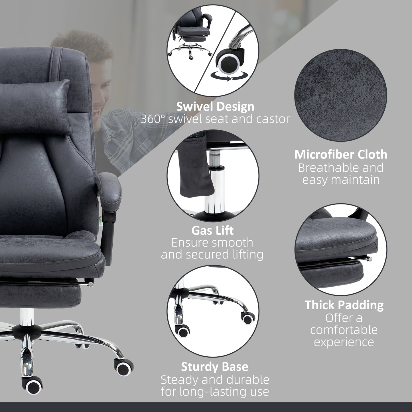 Vinsetto Office Chair with Lumbar Massage, 135° Reclining Computer Chair with Adjustable Headrest, Retractable Footrest, 10cm Double Padded Seat, Microfiber Fabric, Metal Base, Dark Grey