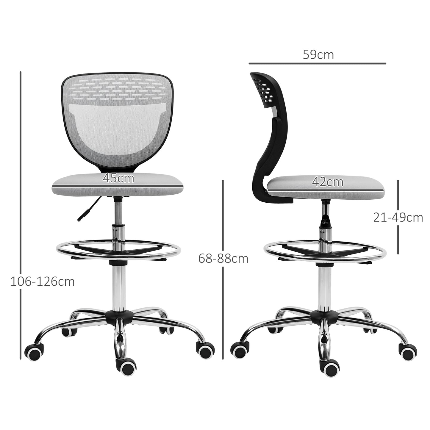 Vinsetto 68-88cm Draughtsman Office Chair, with Wheels - Light Grey