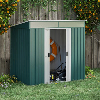 6.5 x 4ft Green Galvanized Metal Shed with Foundation Kit, Lockable Garden Tool Shed, Double Sliding Doors, and Vents