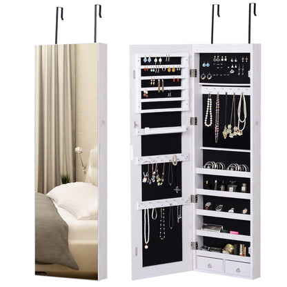 HOMCOM Jewelry Cabinet with Mirror and LED Lights, Lockable Makeup Cosmetics Jewellery Organiser, Mirror with Storage for Bedroom Dressing Room, White