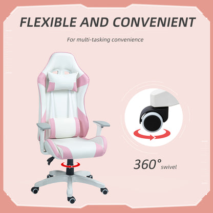 HOMCOM Faux Leather Colour Block Gaming Chair, with 135° Reclining Back - Pink/White