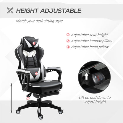 Vinsetto Computer Gaming Chair, Racing Desk Chair with Lumbar Support and Footrest, PU Leather Gamer Chair with Headrest and Swivel Wheels for Home, White