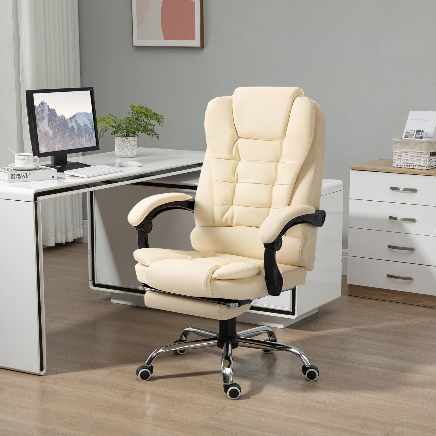 HOMCOM Executive Office Chair, Home Office Chair with Swivel Wheels, Reclining Backrest, Retractable Footrest, Cream White