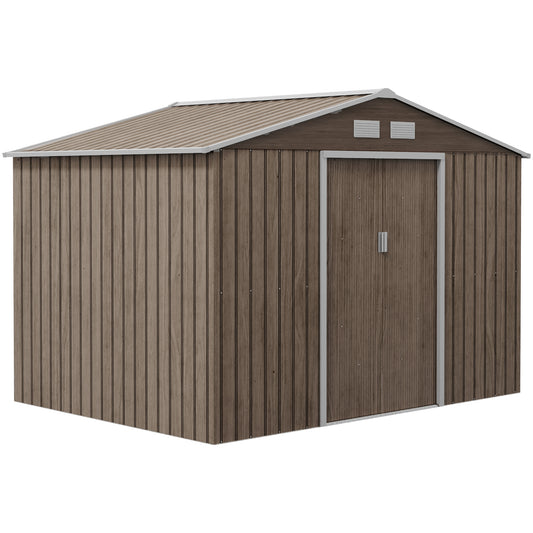 9 x 6ft Brown Garden Metal Storage Shed, Outdoor Tool Storage with Vents, Foundation, and Lockable Double Doors
