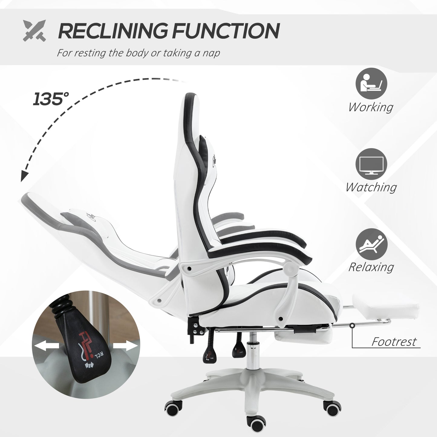 Vinsetto Computer Gaming Chair, PU Leather Desk Chair with Footrest, Swivel Task Chair with 135° Reclining Back and Lumbar Support, PC Chair for Adults, White and Black