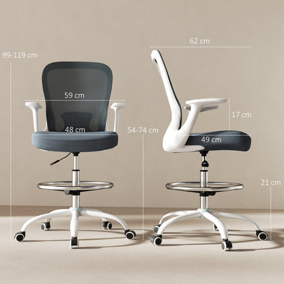 HOMCOM Draughtsman Chair, Mesh Drafting Chair, Ergonomic Office Chair with Flip-up Armrest, Adjustable Foot Ring, Grey