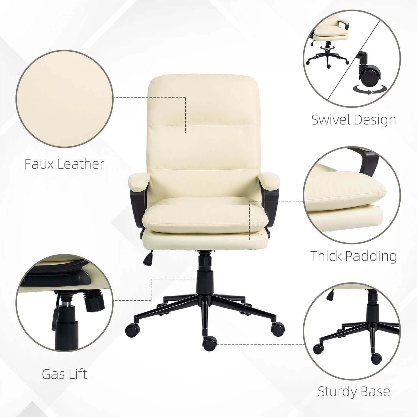 Vinsetto Office Chair, PU Leather Computer Desk Chair Office Chair with Adjustable Height and Swivel Rolling Wheels for Work Study, Cream White