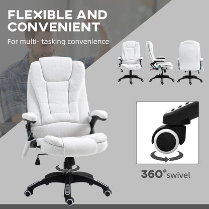 Vinsetto Massage Recliner Chair Heated Office Chair with Six Massage Points Linen-Feel Fabric 360° Swivel Wheels Cream White