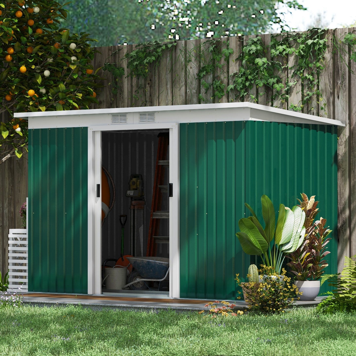 Outsunny 9ft x 4ft Metal Garden Shed, Outdoor Tool House with Foundation Kit, Ventilations and Double Doors, Deep Green