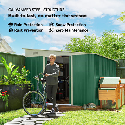 Garden Metal Storage Shed Outdoor Metal Tool House with Double Sliding Doors and 2 Air Vents, 11.3x9.2ft, Green