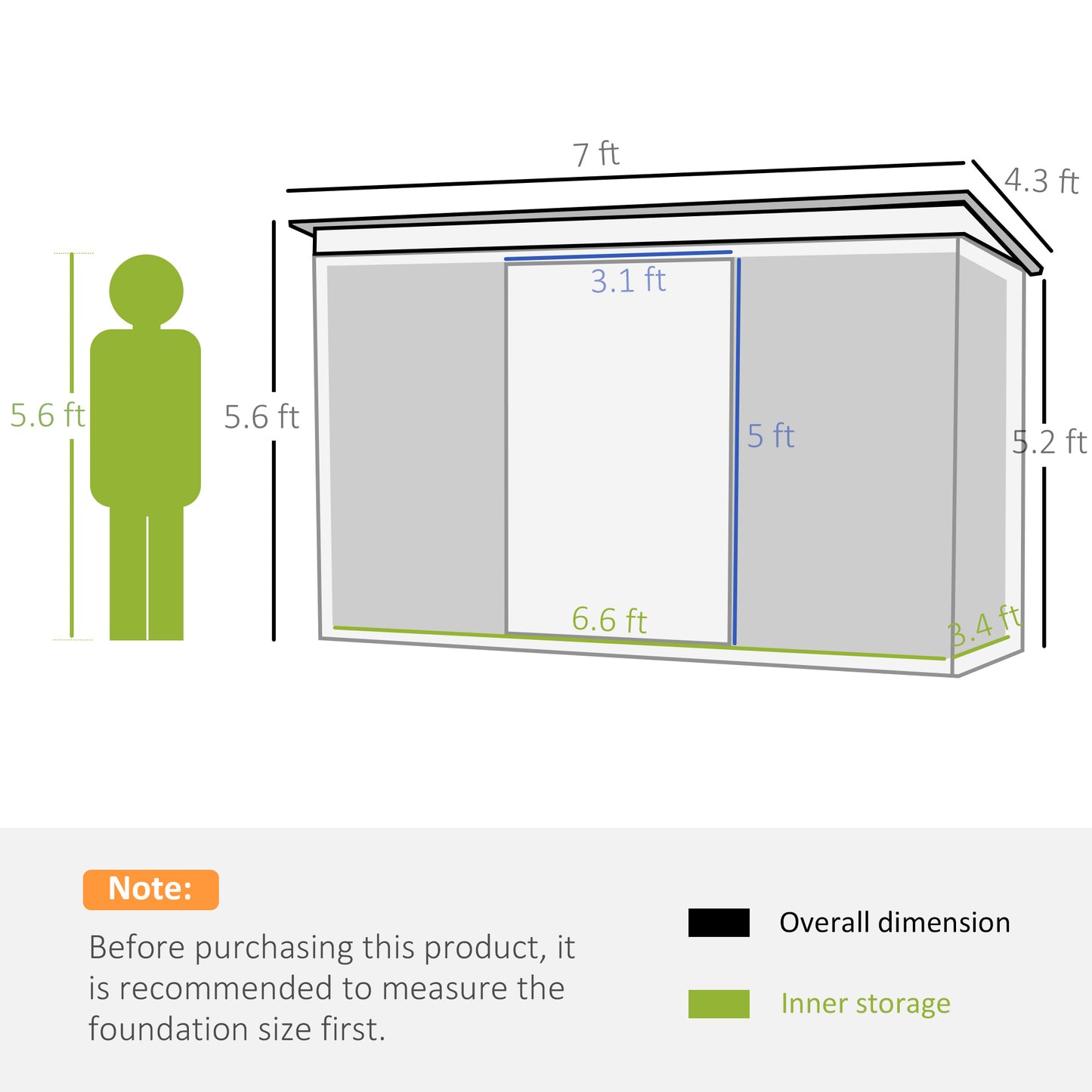 Outsunny 7 x 4ft Galvanised Steel Garden Shed, with Foundation Kit - Green