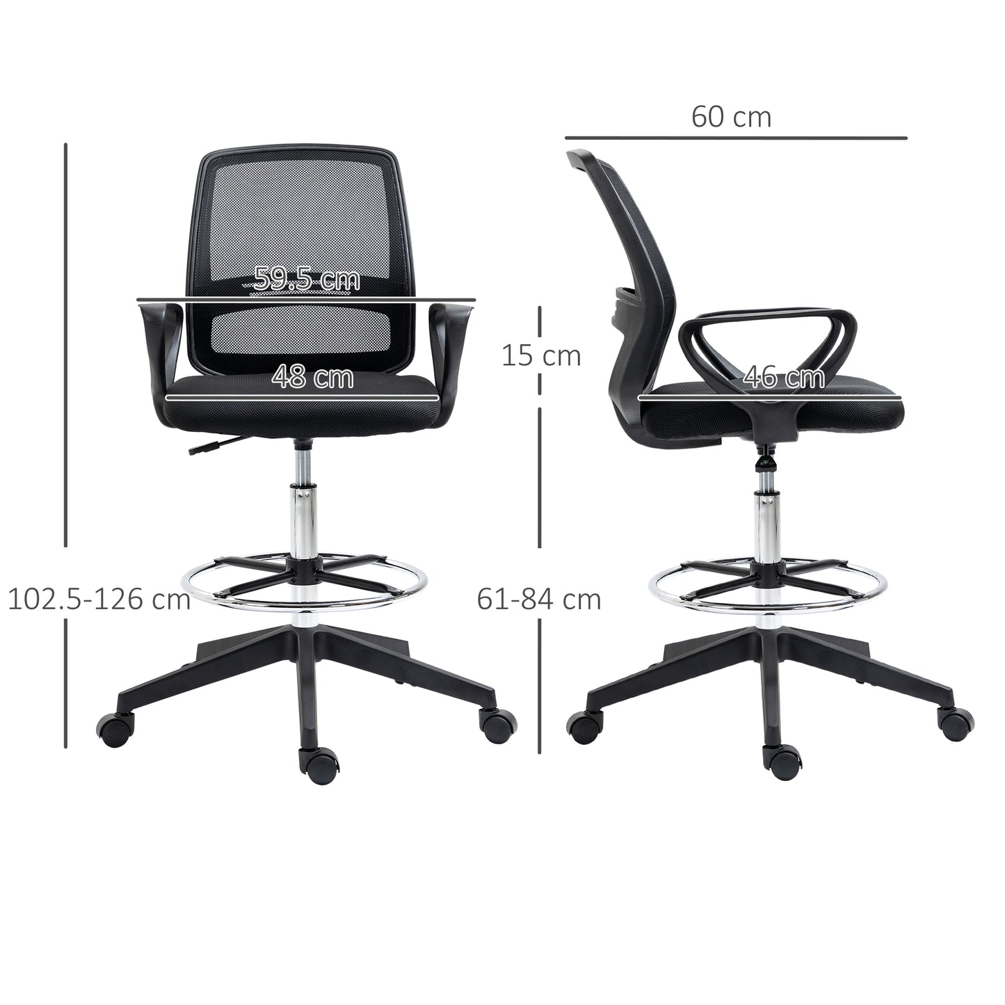 Vinsetto Ergonomic Mesh Back Drafting Chair, Tall Office Chair, Draughtsman Chair with Adjustable Height and Footrest 360° Swivel, Black