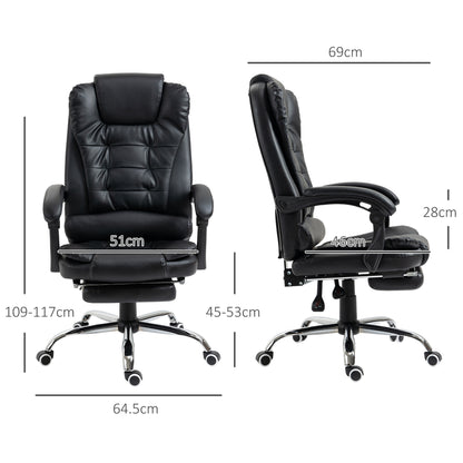 HOMCOM Executive Office Chair, PU Leather Home Office Chair with Swivel Wheels, Reclining Backrest, Retractable Footrest, Black