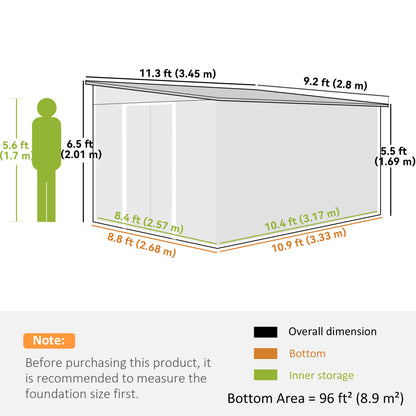 Garden Metal Storage Shed Outdoor Metal Tool House with Double Sliding Doors and 2 Air Vents, 11.3x9.2ft, Green
