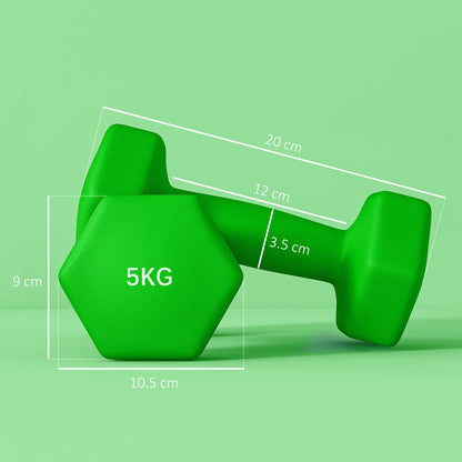 SPORTNOW 2 x 5kg Hexagonal Dumbbells Weights Set with Non-Slip Grip for Home Gym Workout, Green