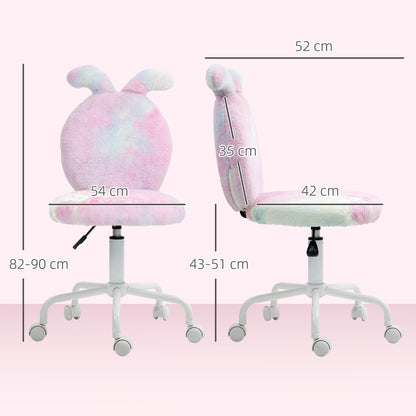 HOMCOM Fuzzy Office Chair with Bunny Ears, Faux Fur Swivel Desk Chair, Armless Makeup Vanity Chair with Adjustable Height for Bedroom, Study Room, Colourful