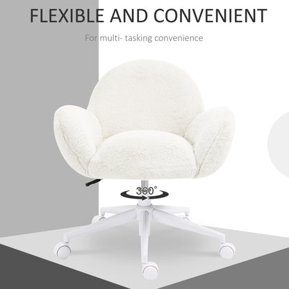 HOMCOM Makeup Vanity Chair, Cute Fluffy Desk Chair with Rolling Wheels for Bedroom Living Room, Cream White