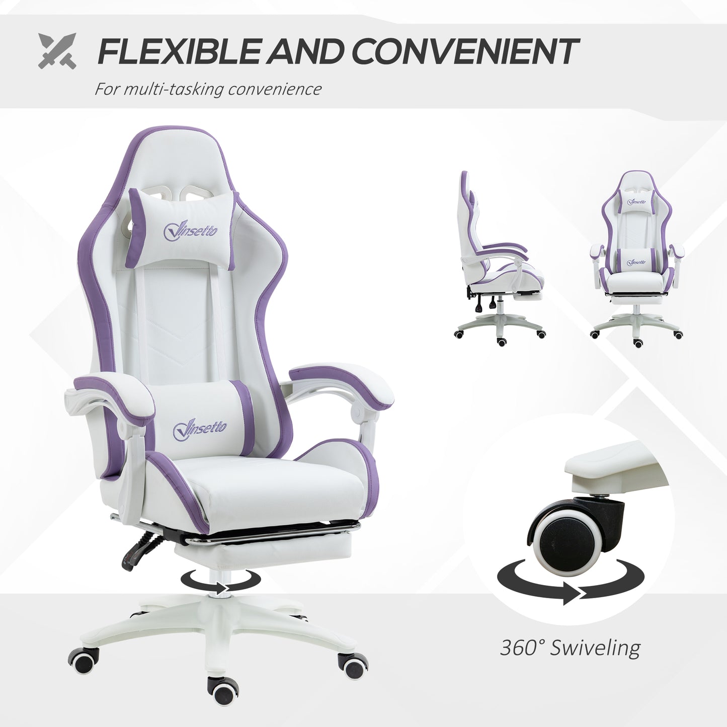 Vinsetto Computer Gaming Chair, PU Leather Desk Chair with Footrest, Swivel Task Chair with 135° Reclining Back and Lumbar Support, PC Chair for Adults, White and Purple