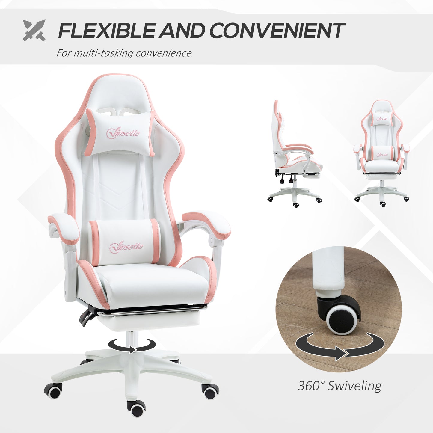 Vinsetto Computer Gaming Chair, PU Leather Desk Chair with Footrest, Swivel Task Chair with 135° Reclining Back and Lumbar Support, PC Chair for Adults, White and Pink