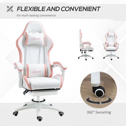 Vinsetto Computer Gaming Chair, PU Leather Desk Chair with Footrest, Swivel Task Chair with 135° Reclining Back and Lumbar Support, PC Chair for Adults, White and Pink