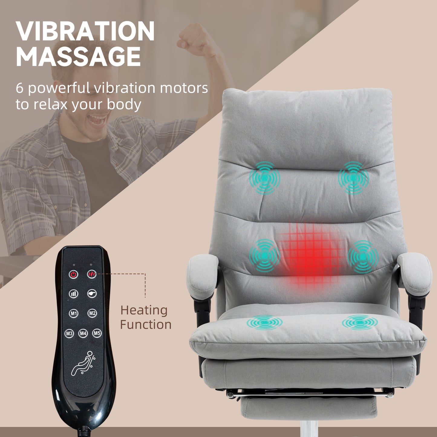 Vinsetto Office Chair, Ergonomic Desk Chair with 6-Point Vibration Massage and Back Heating, Microfibre Computer Gaming Chair with 135° Reclining Back and Footrest, Grey